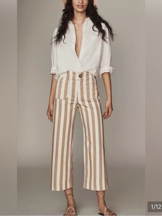 Maeve Pants - Rare! Maeve Colette Vertical Stripe Cropped Wide-Leg Pants in Tan & White